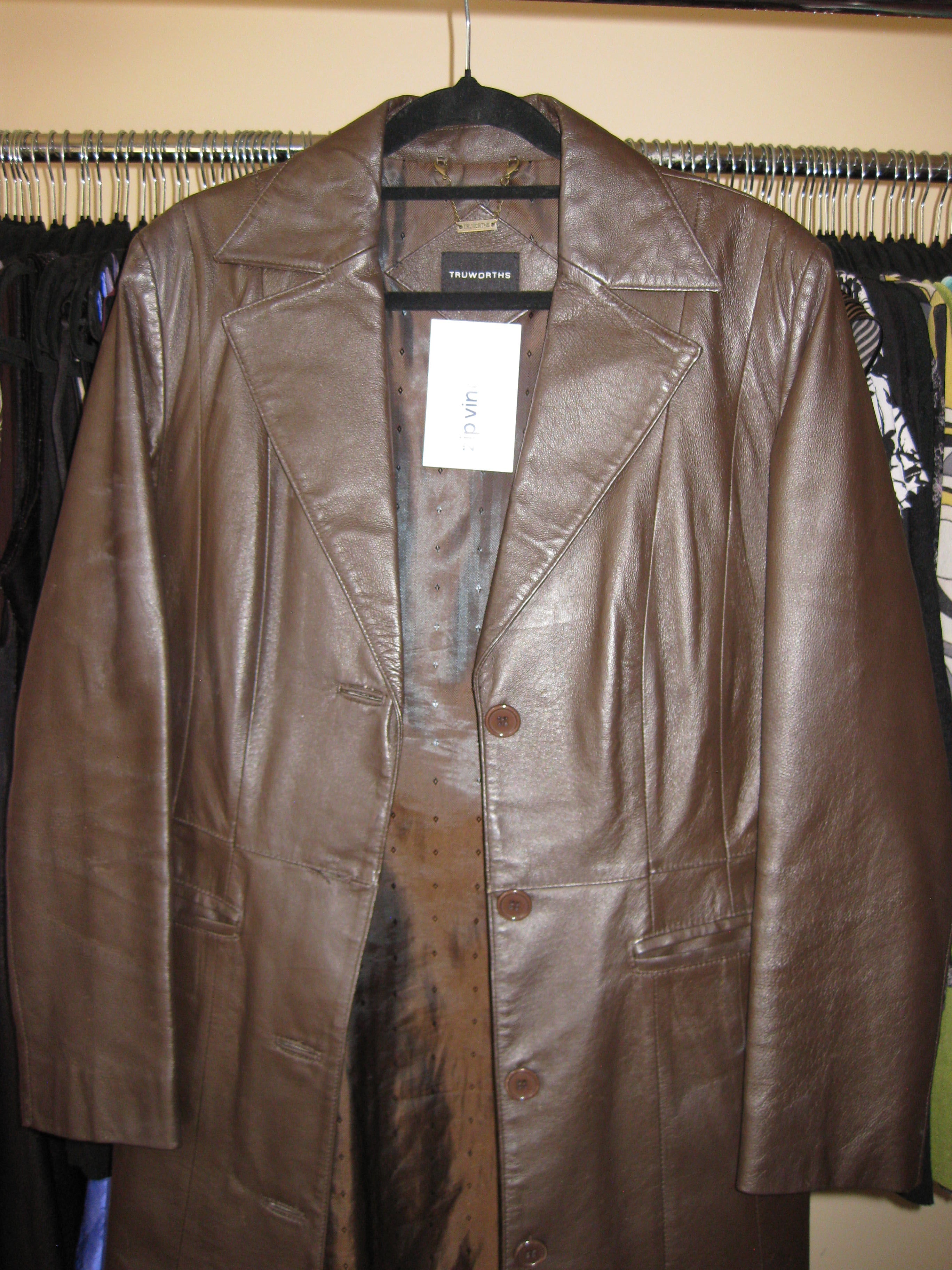 Brown long thick leather coat size 34