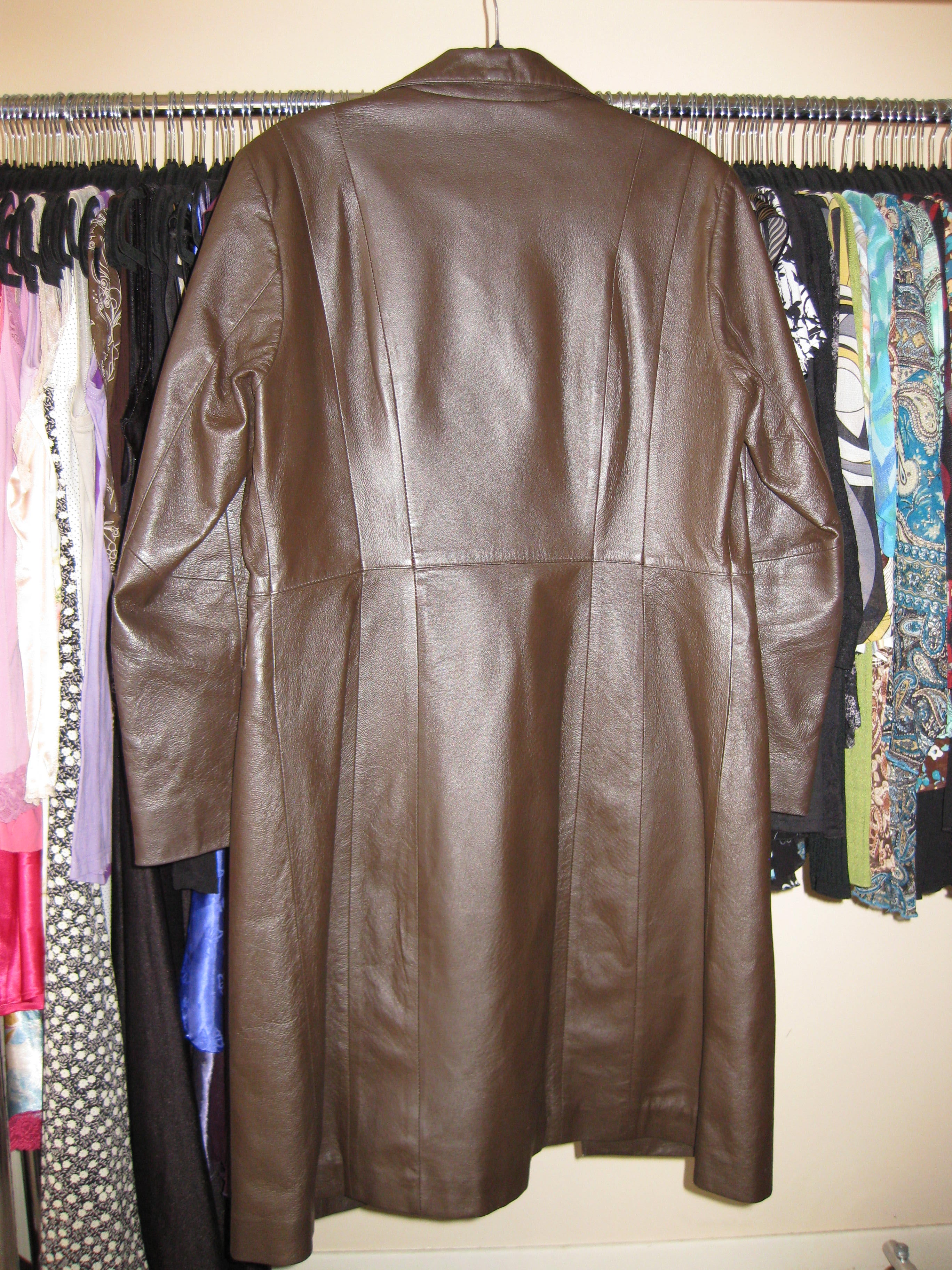 Long brown leather coat with thick material size 34