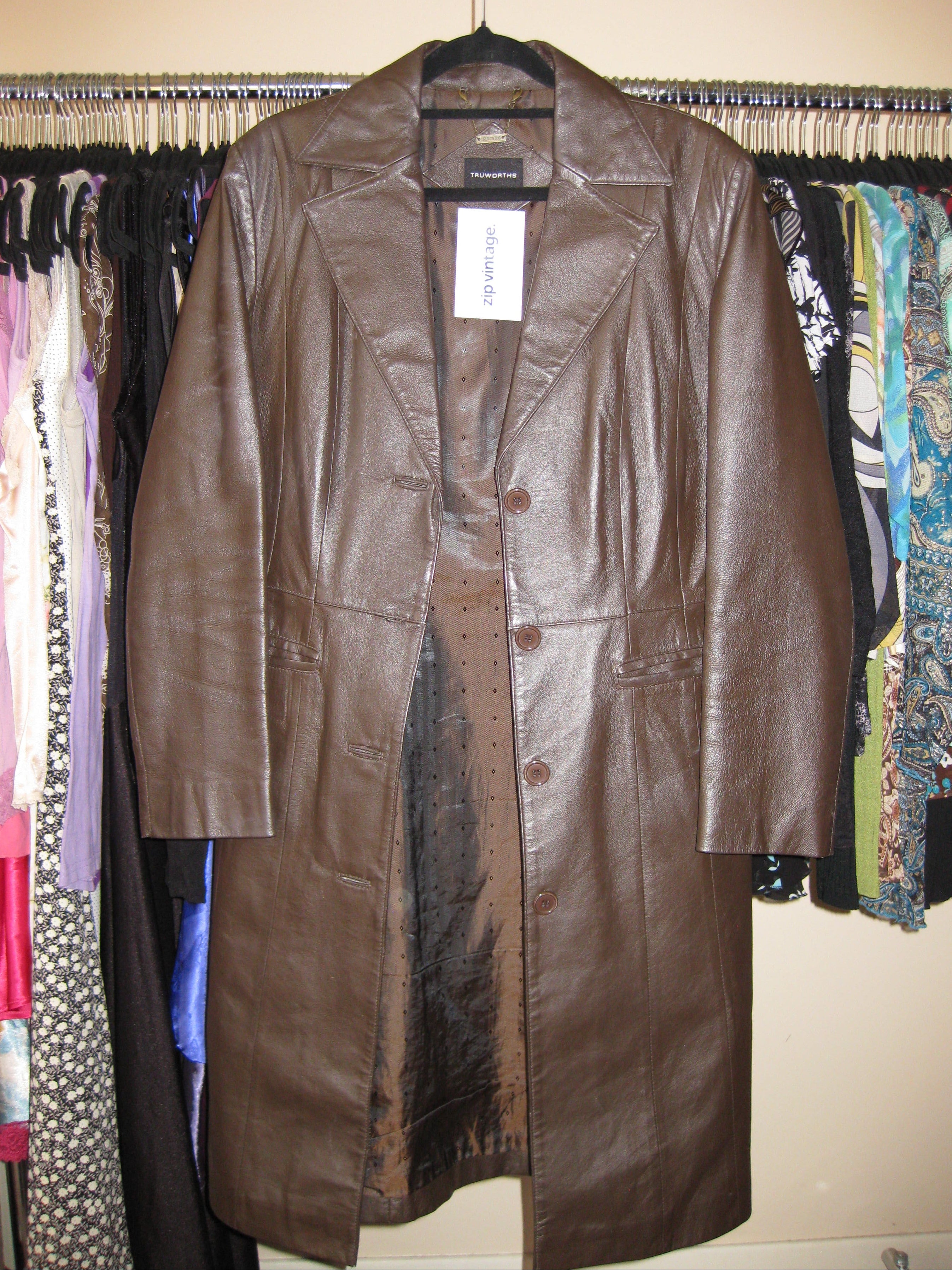 Thick leather coat in brown with long length size 34