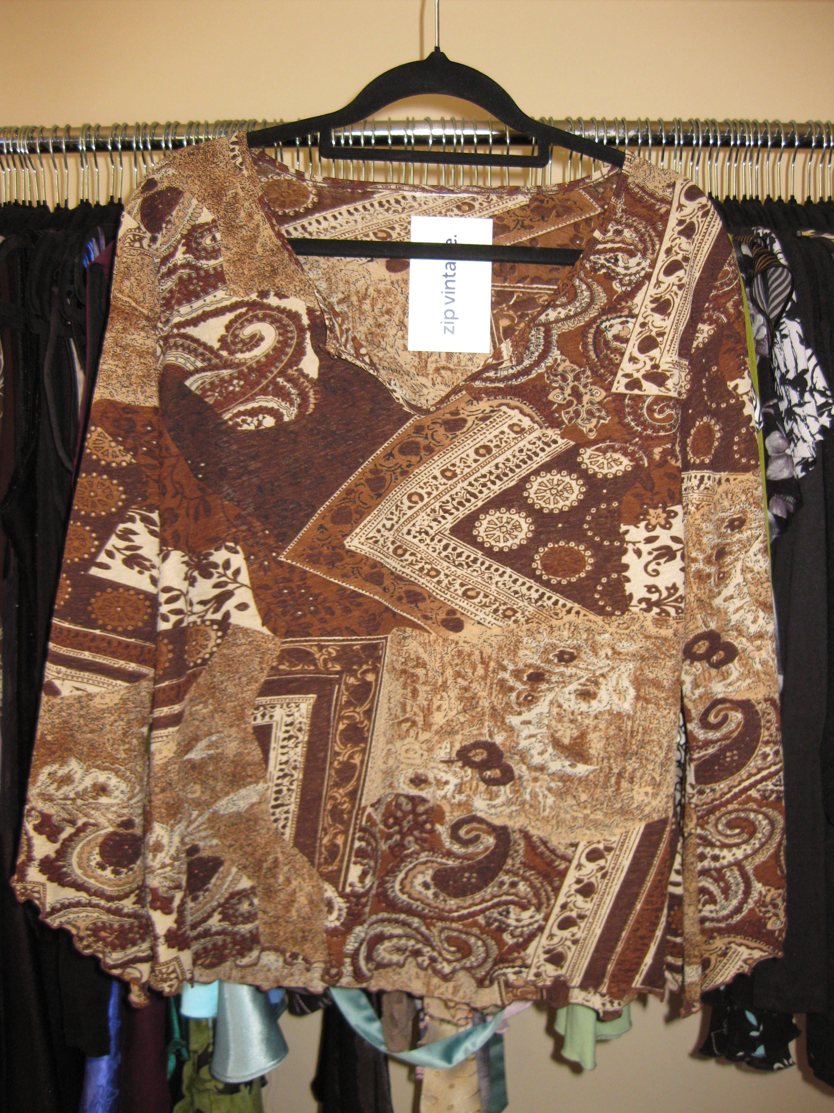 Brown mesh long sleeve top with paisley pattern size L