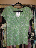 Mesh wrap top in green with blue floral accents size M