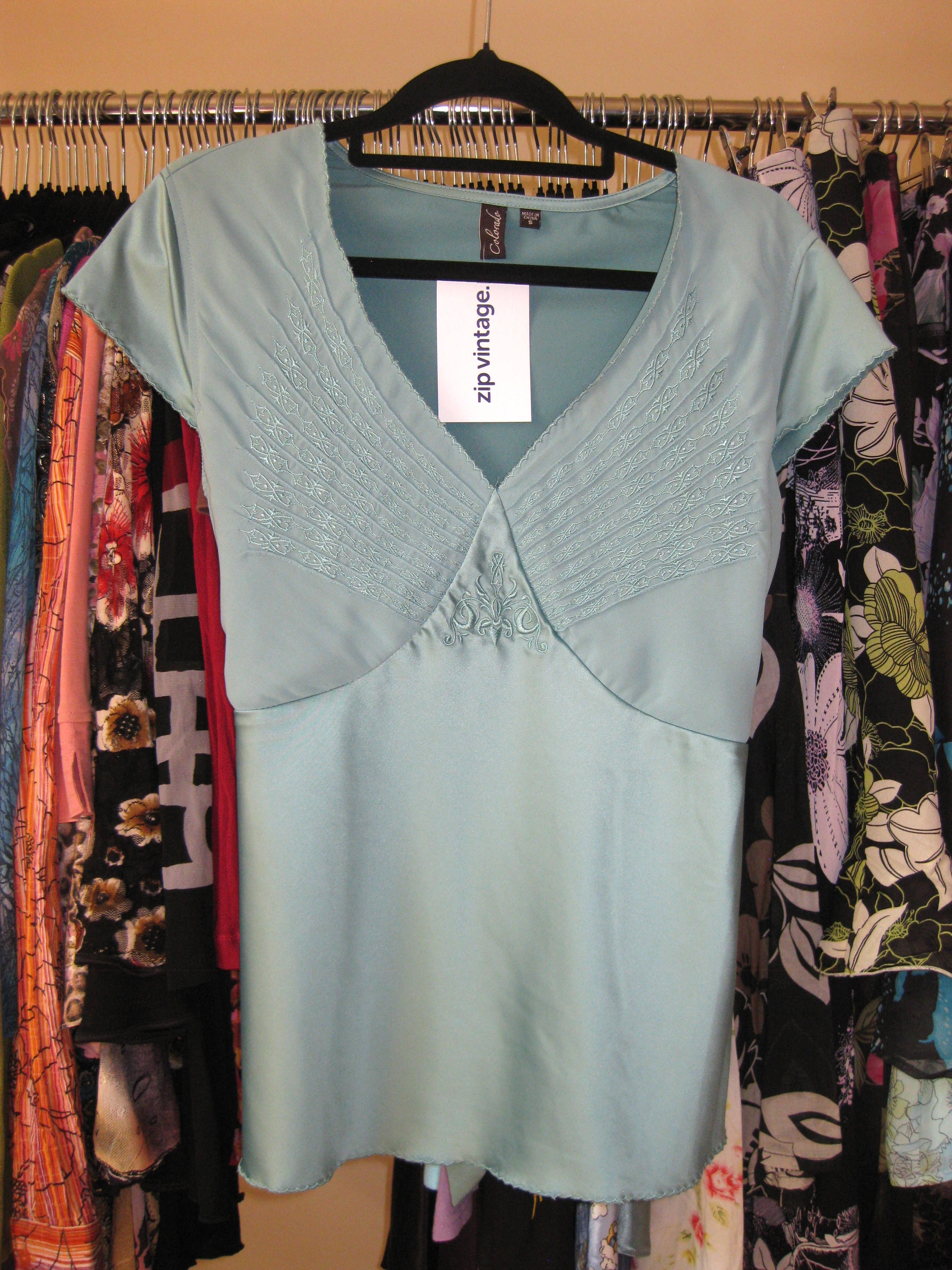 Vintage 90s turquoise blue tie-up blouse, size S