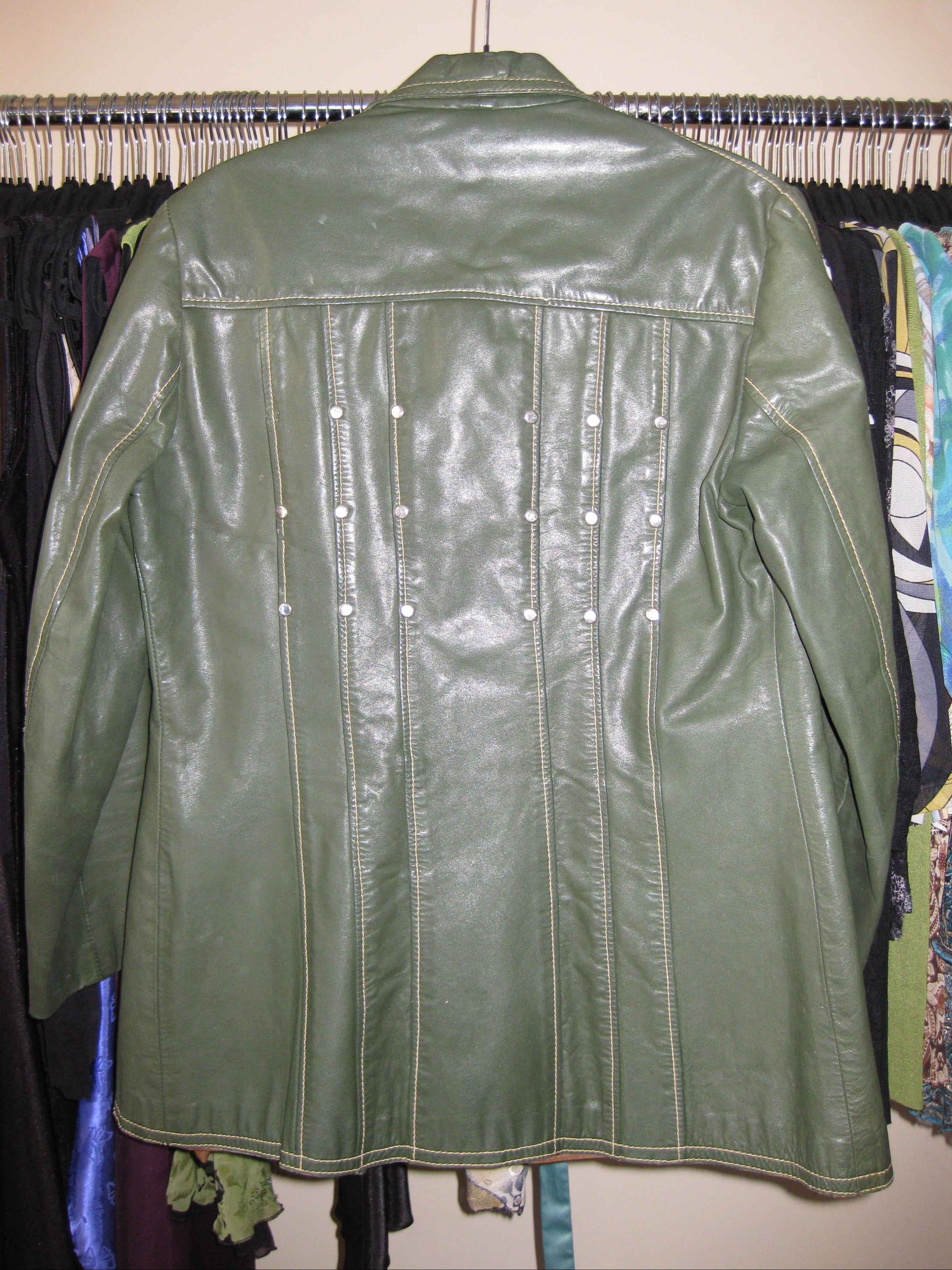 Green leather jacket with studded details, vintage style, size S